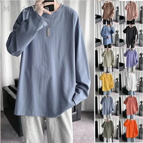 2021 Autumn Mens T-Shirt Solid Color Basic Round Collar Long-Sleeve Shirts For Men Korean Style Fashion Casual Loose Male Tees