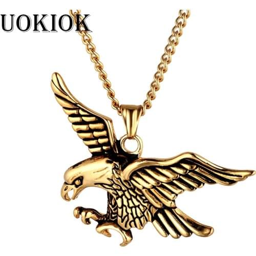 Mens Necklace Hawk Eagle Pendant With Stainless Steel Chain And Gold Color Animal Golden Necklaces Male Punk Biker Jewelry