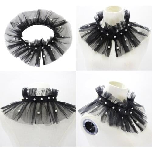 Women Imitation Pearl Beading Ruffled Mesh False Fake Collar Vintage Victorian Neck Ruff Detachable Evening Shawl Wrap