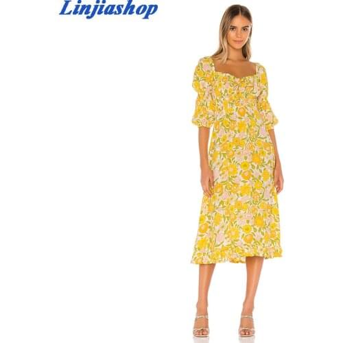 Fashion summer dress women square neck short sleeve yellow elegant holiday beach floral print french midi dress femme vestidos