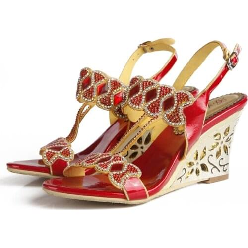 2019 Summer Large Size Red Bow Pattern Rhinestone Wedge Sandals Wild Open Toe Retro Boho Style High Heels Beach Party Shoes 8CM