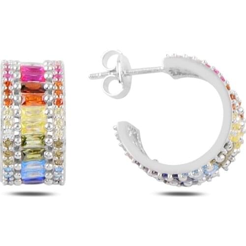 Silver 925 Sterling Colored Baguette Zircon Cubic Zirconia Tamtur Earrings