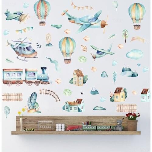 Sticker Wall Watercolor Cartoon Airplane Train Wall Stickers Hot Air Balloon Stickers for Kids Room Nursery Wall Decals Kawaii