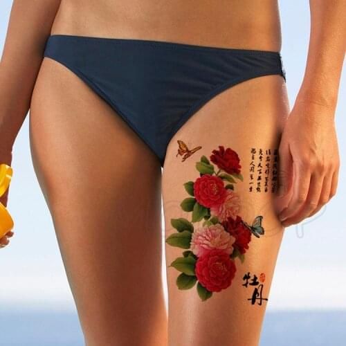 Pink Bloom Peony Butterfly Water Transfer Tattoo Stickers Women Body Chest Art Temporary Girl Waist Bracelet Flash Tatoos Flower