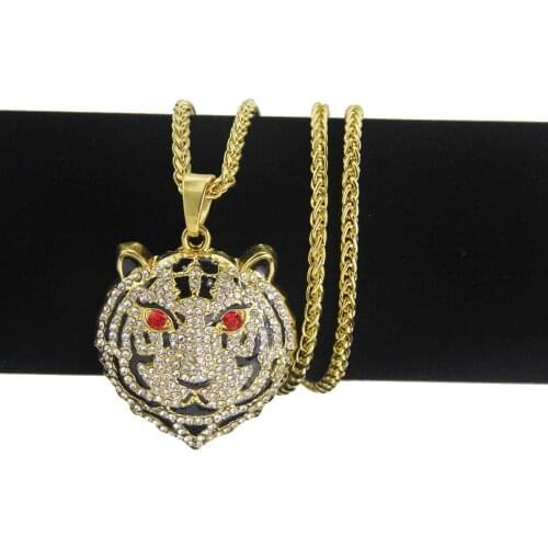 Hip Hop Rhinestones Paved Bling Iced Out Gold Tiger Animal Pendants Necklace for Men Rapper Jewelry with 30inch rope chain
