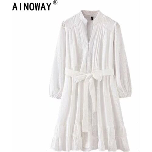 Vintage chic women white lace beach Bohemian mini dress Ladies v-neck wrist cotton Boho dress vestidos