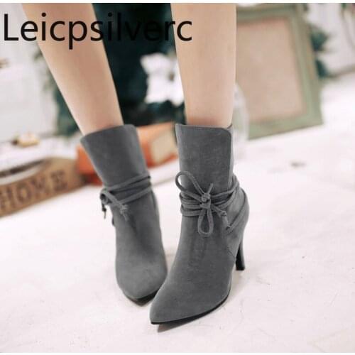 Womens Boots The New Autumn And Winter fashion Pointed Lace-up Fine heel High heel Short tube Womens shoes plus size 32-43