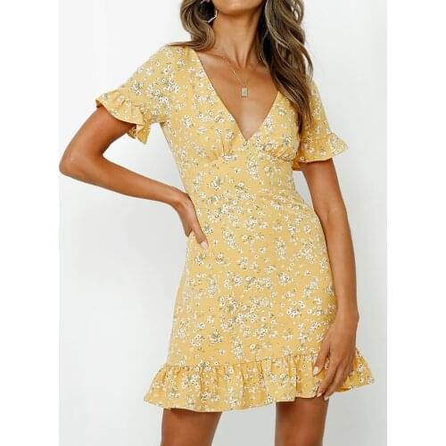 Women Dresses Summer 2021 Sexy V Neck Floral Print Boho Beach Dress Ruffle Short Sleeve A Line Mini Dress Wrap Sundress Robe
