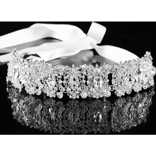 Handmade Ribbon Silver Plated Crystal Floral Bridal Headband Rhinestone Women Bride Hairbands Headpiece Wedding Hair Accessories