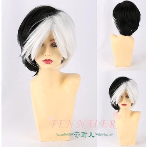 New Cruella Deville White Black Mixed Short Shaggy Layered Synthetic Cosplay Wig For Women Party Halloween + Wig Cap