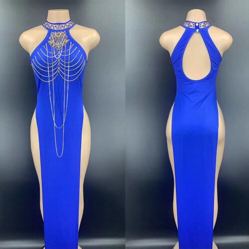 Shining Diamonds Chain Blue Women Vintage Cheongsam Sleeveless Split Long Dress Nightclub Costumes DJ Singer Dance Stage Wear
