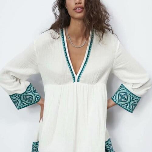 2021 Women Textured Embroidery Dress Za Patchwork Long Puff Sleeve Vintage Loose Summer Dress Woman Pleated White Mini Dresses