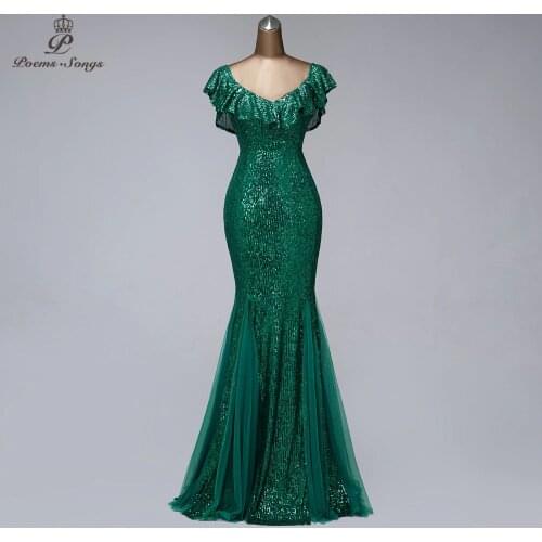 Elegant new evening dresses V-neck formal dress women elegant unique collar green dress mermaid vestidos de noche party dresses