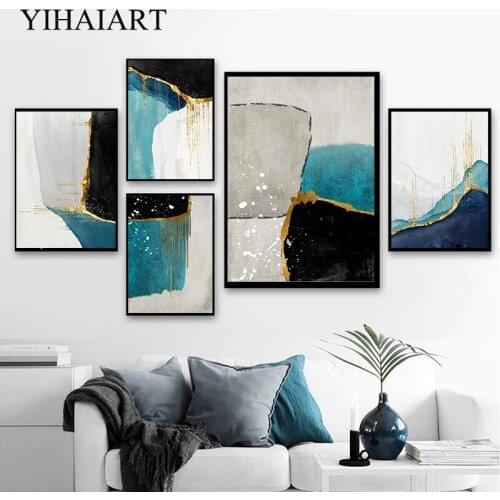 Golden Blue Modern Abstract Painting Canvas Poster and Print Nordic Wall Art Decorative Picture Living Room Home Decoration