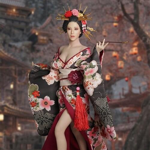 1/6 Japanese Ancient Female Head Sculpt black Costume cherry Kimono Clothes Accessories Set for S12D TBL body figure