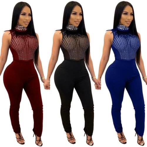 2020 Fashion Sexy Perspective Women Bodycon Jumpsuits Rompers Black Blue & Wine Red Evening Club Playsuit Casual Women Suits
