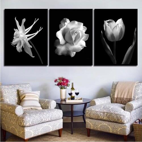 5d Diamond painting kits Black White Abstract Flower In Blossom Poster Canvas full diamond embroidery Rose Tulip TriptychZP-3576