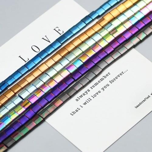 WLYeeS 5x5mm Two hole Gold Silver Hematite Stone Beads Natural Stone Square Spacer loose beads for Jewelry Bracelet Making DIY