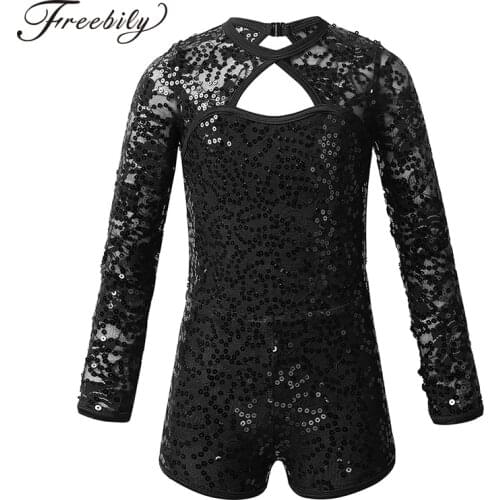 Kids Long Sleeves Shiny Sequins Gymnastics Unitards Jumpsuit Girls Ballet Leotard Stage Performance Jazz Dance Costume
