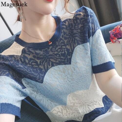 Elegant Patchwork Blue Fashion Blouse New Hollow Out Knitted Summer Tops Ice Silk Short Sleeve O Neck Shirt Casual Blusas 14657