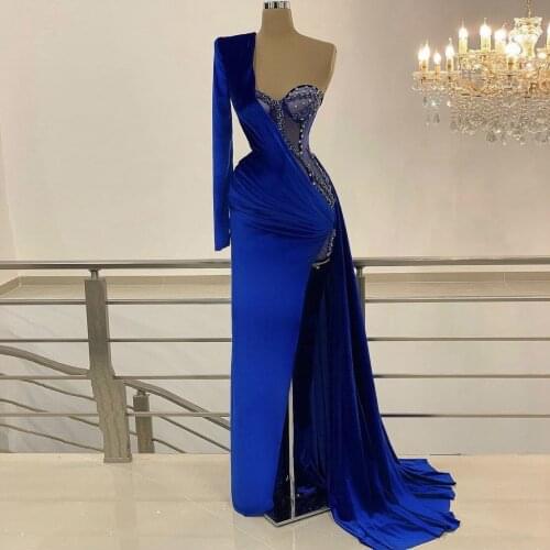 Elegant Velvet Crystals Evening Gowns One Shoulder Long Sleevles High Slit Beadings Women Custom Made Girls Prom Pageant Dress
