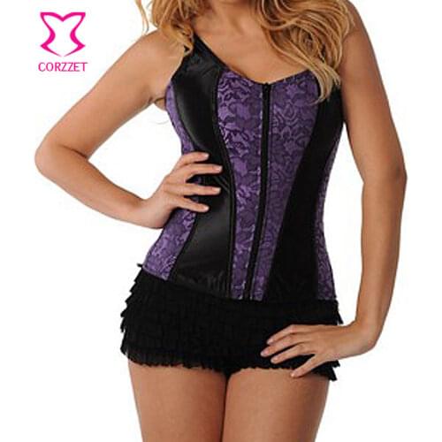 Purple Jacquard &Black Satin Zipper Corset Waist Trainer Tank Style Bustier Sexy Overbust Korsett For Women Gothic Espartilhos