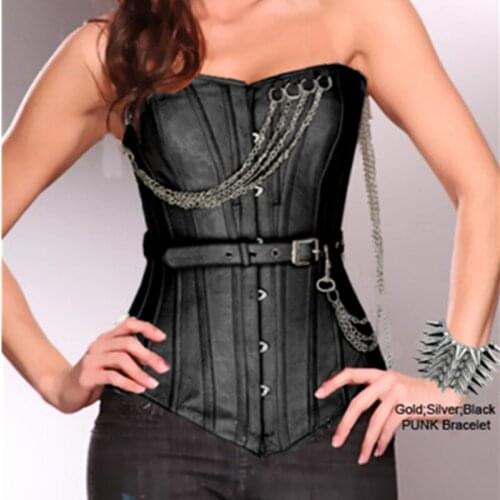 Hot Faux leather Corset Overbust black Steampunk bustier Gothic sexy waist trainer strapless Sexy game clothing
