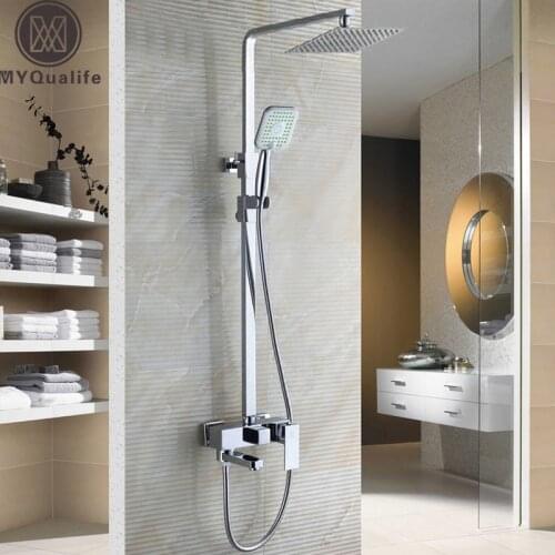 Chrome Bathroom Shower Set Faucet with 8" Ultrathin Showerhead and Handshower Swivel Bathtub Tap Adjust Height