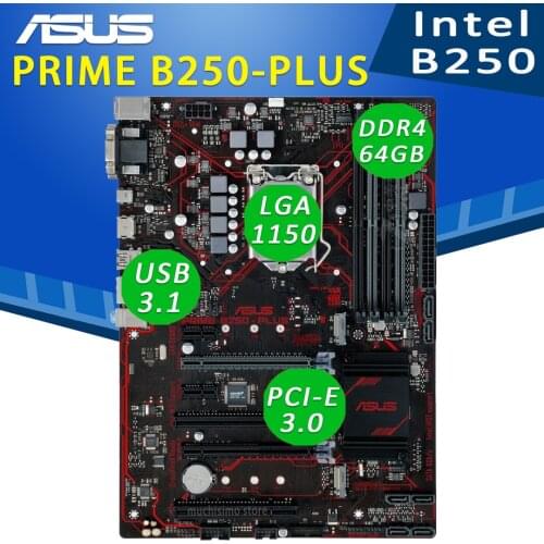 LGA 1151 Asus PRIME B250-PLUS Motherboard M.2 SSD 64GB i7 i5 i3 Gaming VGA DVI PCI-E 3.0 PC Intel B250 Placa-mãe 1151 ATX Used