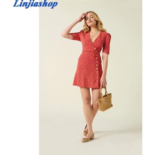 Fashion red summer dress short sleeve buttons sashes chic floral print mini beach v-neck dress women femme vestidos dropshipping