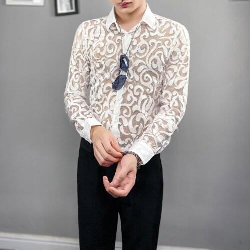 Autumn New Sexy Transparent Lace Shirt Men Clothing 2021 Simple All Match Slim Fit Long Sleeve Club/Prom Tuxedo Chemise Homme