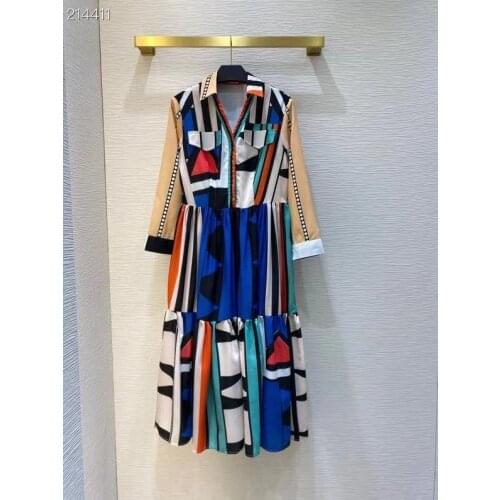 New 2021 Women Summer Fashion Runway A-Line Dress Long Sleeve Print Turn Down Collar Patchwork Ladies Midi Dress