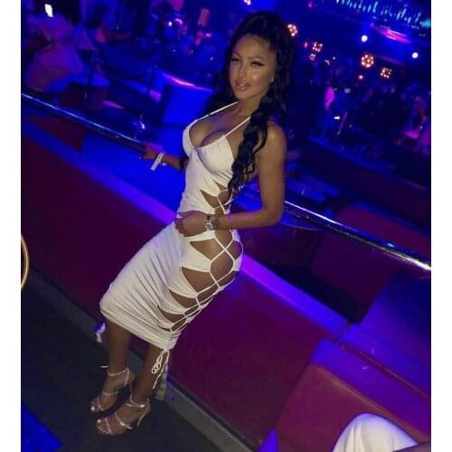 Echoine Strap Sleeveless Side Hollow Out Hole Skinny Bodycon Sexy Party Club Outfits Summer V-neck Midi Lace Up Bandage Vestido