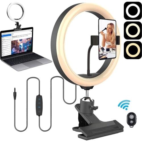 Clip Dimmable LED Ring Light Clamp Mount Desk Makeup Video 360 Degrees Rotatable Ring Lamp for Live Steam Computer Webcam Light