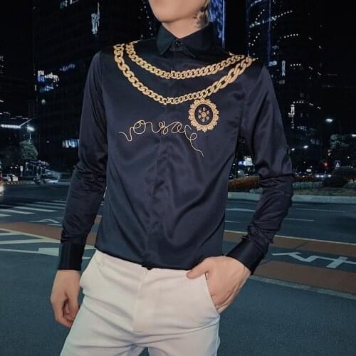 Gold Print Luxury Men Shirt Casual Slim Fit Long Sleeve Male Dress Shirts Club Work Vintage Tuxedo Shirt Camisa Social Masculina