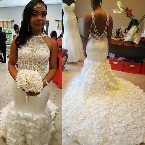 African 3D Flowers Mermaid Wedding Dresses 2023 Halter Neck Backless Pearls Beads Lace Plus Size Bridal Gowns