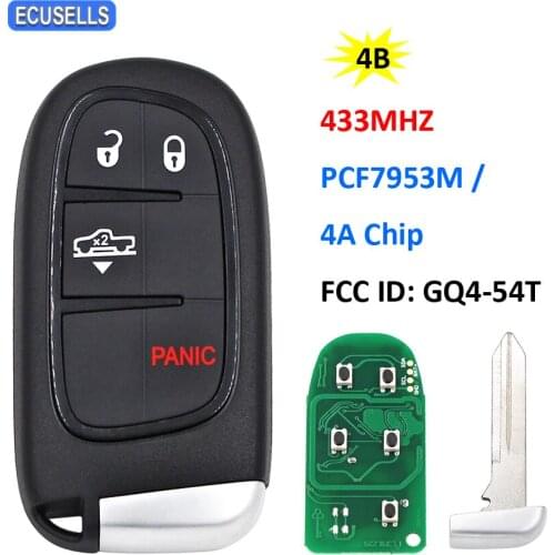 3+1/4 Button Smart Remote Car Key 433MHz PCF7953M 7953M 4A Chip FCC: GQ4-54T Uncut Blade for Jeep Cherokee RAM 1500 2500 3500