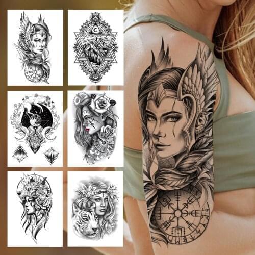 Compass Warrior Temporary Tattoos For Women Men Adult Black Sexy Lady Tiger Wolf Tattoo Sticker Fake Tribal Mountain Moon Tatoos