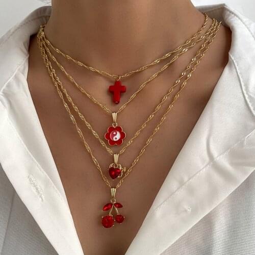 New Multilayer Chain Bagua Yin Yang Pendent Necklaces for Women Girls Fashion Cute Cherry Cross Choker Necklace Jewelry Gifts