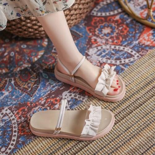 Kawaii shoes Fresh Sandals 2021 New Womens Summer College Students Fairy Style Soft Bottom Wild Roman Shoes Two-Way Sandals