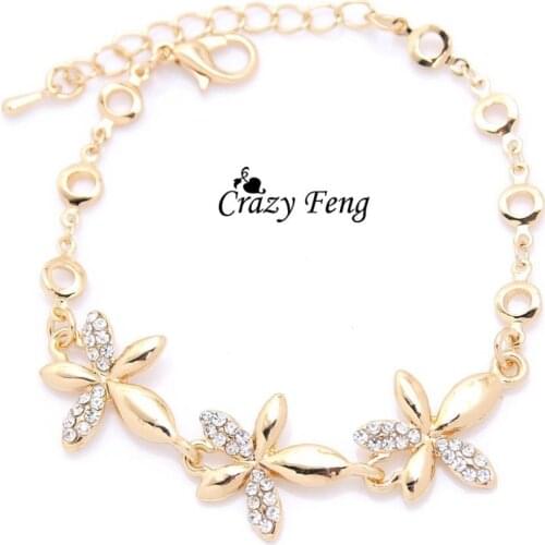 Free shipping Fancy Chain Bracelet Gold Color Women Flower Link Bracelet Crystal Bracelets Bangles Fashion