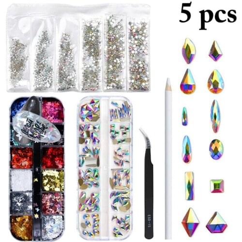 1Set Nail Art Crystal Set DIY Nail Rhinestone Nail Sequin with Dotting Pen Tweezers 3D Decoration Multi-size Gem Nail Accesorios