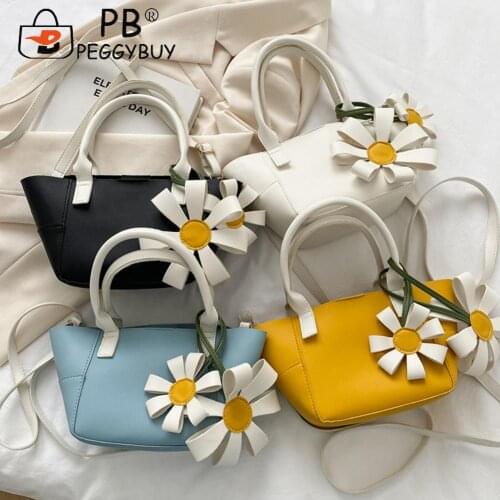 2021 Girls Brief Womens Casual Bags Vintage Women Flower Pendant Solid Color PU Top-Handle Shoulder Messenger Bag