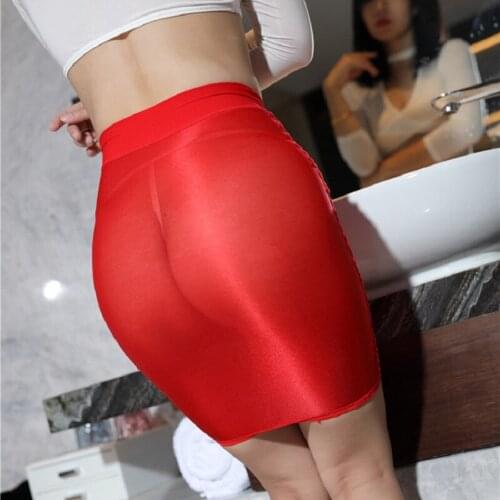 70D Sexy Women Oil Shiny Skirt Gloosy OL MINI Skirt Sheer Tight Pencil Cute Skirt See Through Mini Skirt Erotic Club Dance Wear
