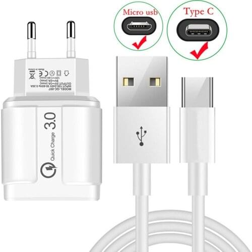 Travel Wall Fast Charger QC 3.0 3A Type C Micro Charge Cable For Samsung A72 Xiaomi 11 POCO X3 Redmi 9AT 9A Honor 20 e 9 20 lite