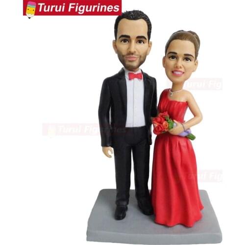 Woman in red dress customized bobblehead figurines miniatures custom action figures couple figurine with custom-made clothing