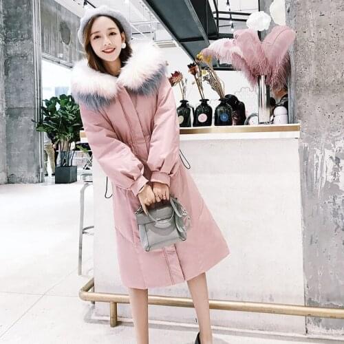 Jacket Down Female Woman Hooded Long 2020 Pink Winter Coat Women Racoon Fur Collar Korean Fashion Chaqueta Mujer KJ533
