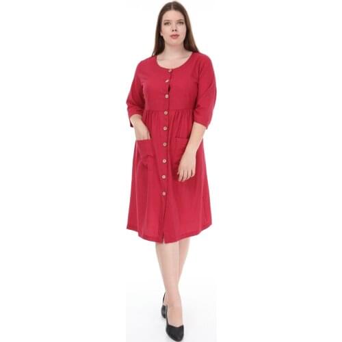 Lir Women Large Size Pockets Button Dress Burgundy L1624