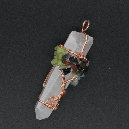 Trendy-beads Rose Gold Color Irregular Shape Natural Rock Crystal Wire Wrapped Olivine Tourmaline Stone Pendant Friend Gift