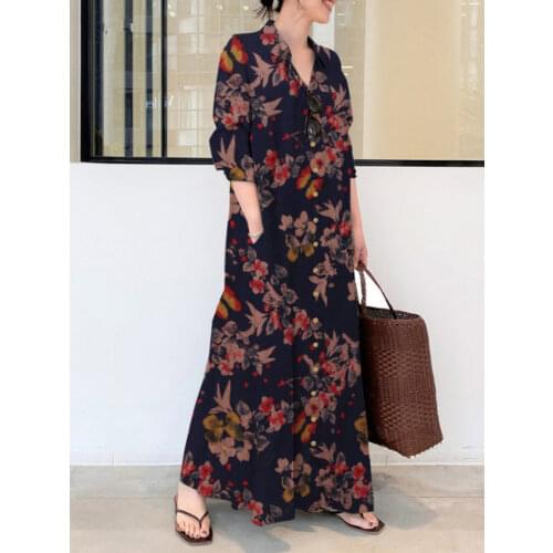 Plus Size Islamic Clothing Muslim Dress Women Dubai Turkish Long Robe Kimono Print Ethnic Long Sleeve Wild Dresses Pocket Abaya